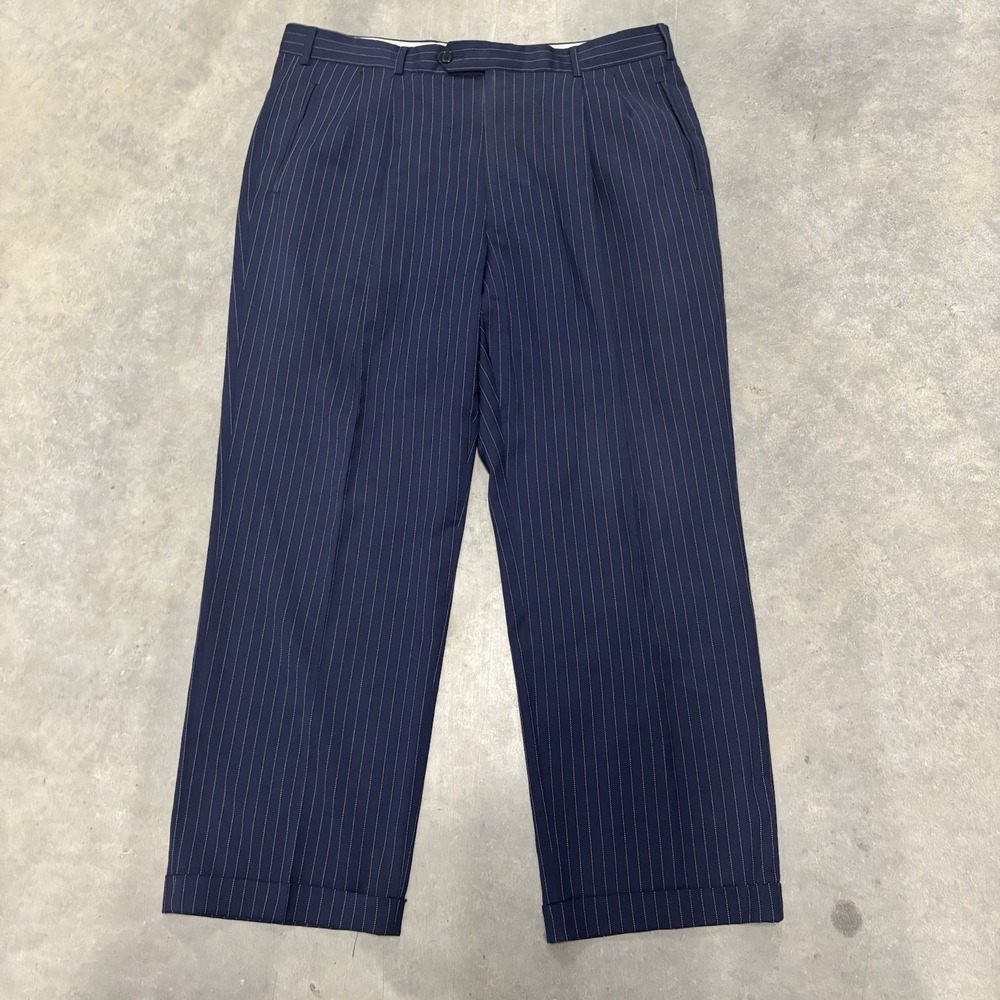 Paul Frederick Dark Blue Striped Dress Pants 38R 100% Wool Made In Italy